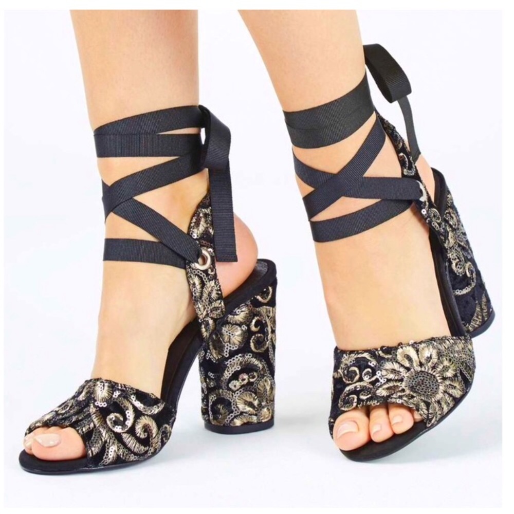 Topshop Rioja Lace Up Sequin Embroidered Heels